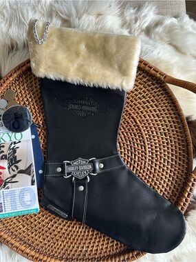 Harley-Davidson Vintage Black Vegan Leather Holiday Stocking Cream Fur Cuff